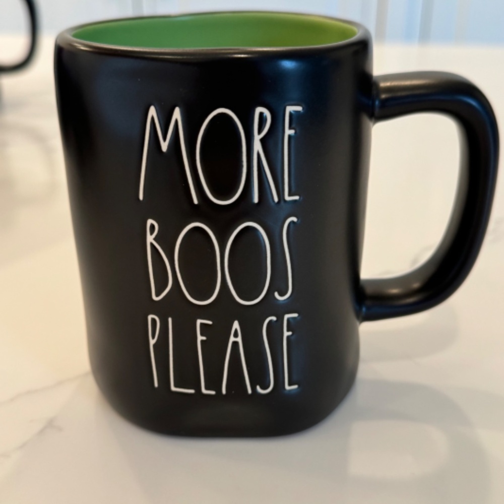 Rae Dunn MORE BOOS PLEASE mug,black w/green interior, NWT, Artisan Collection